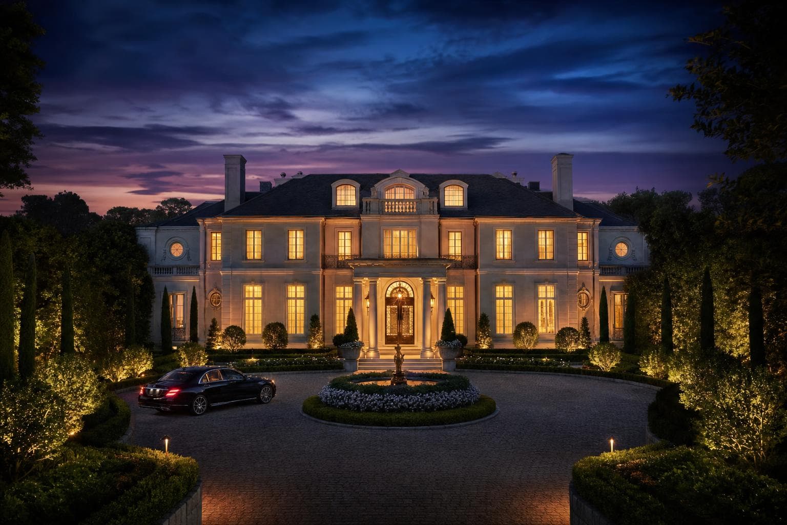 A grand estate lit at dusk.