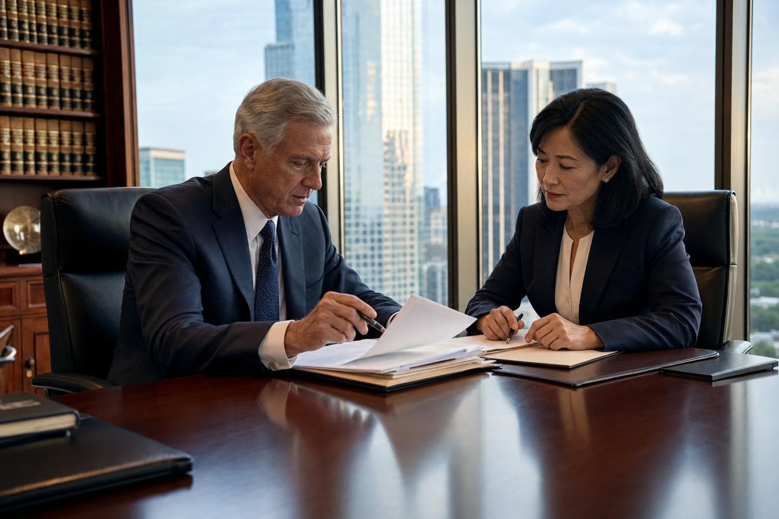 A lawyer reviewing documents with a client across a desk.