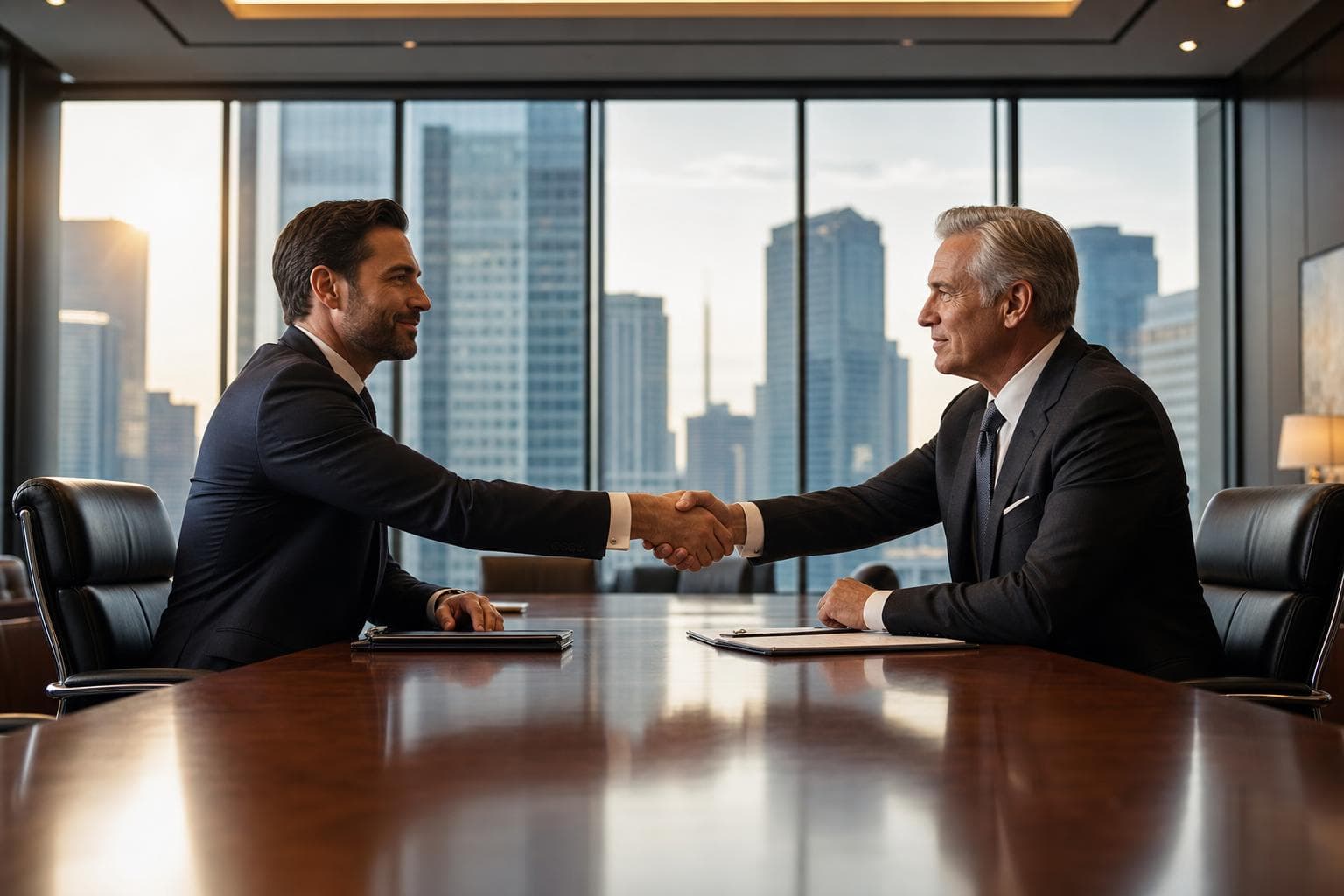 Counsel across a boardroom table at dusk, a deal being weighed.